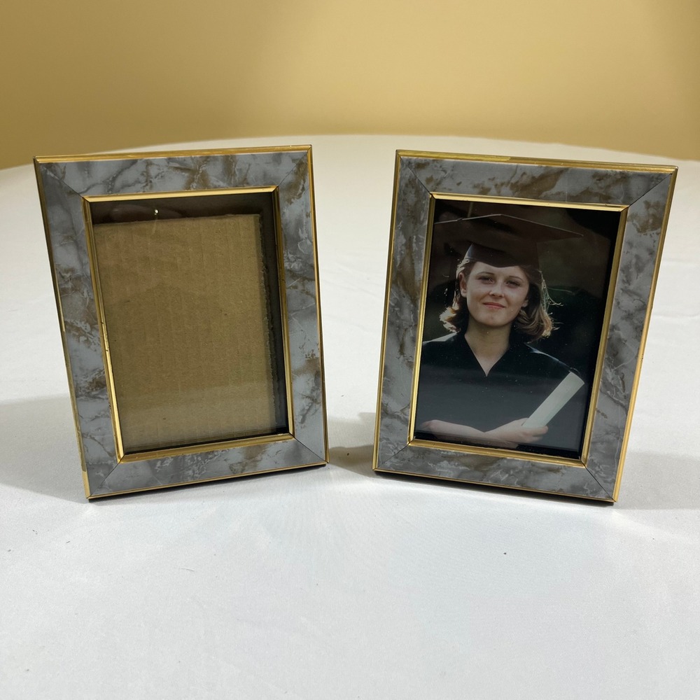 The Weston Gallery Photo Frame Set 2 3.5x5 Grey Tan Marble Gold Trim